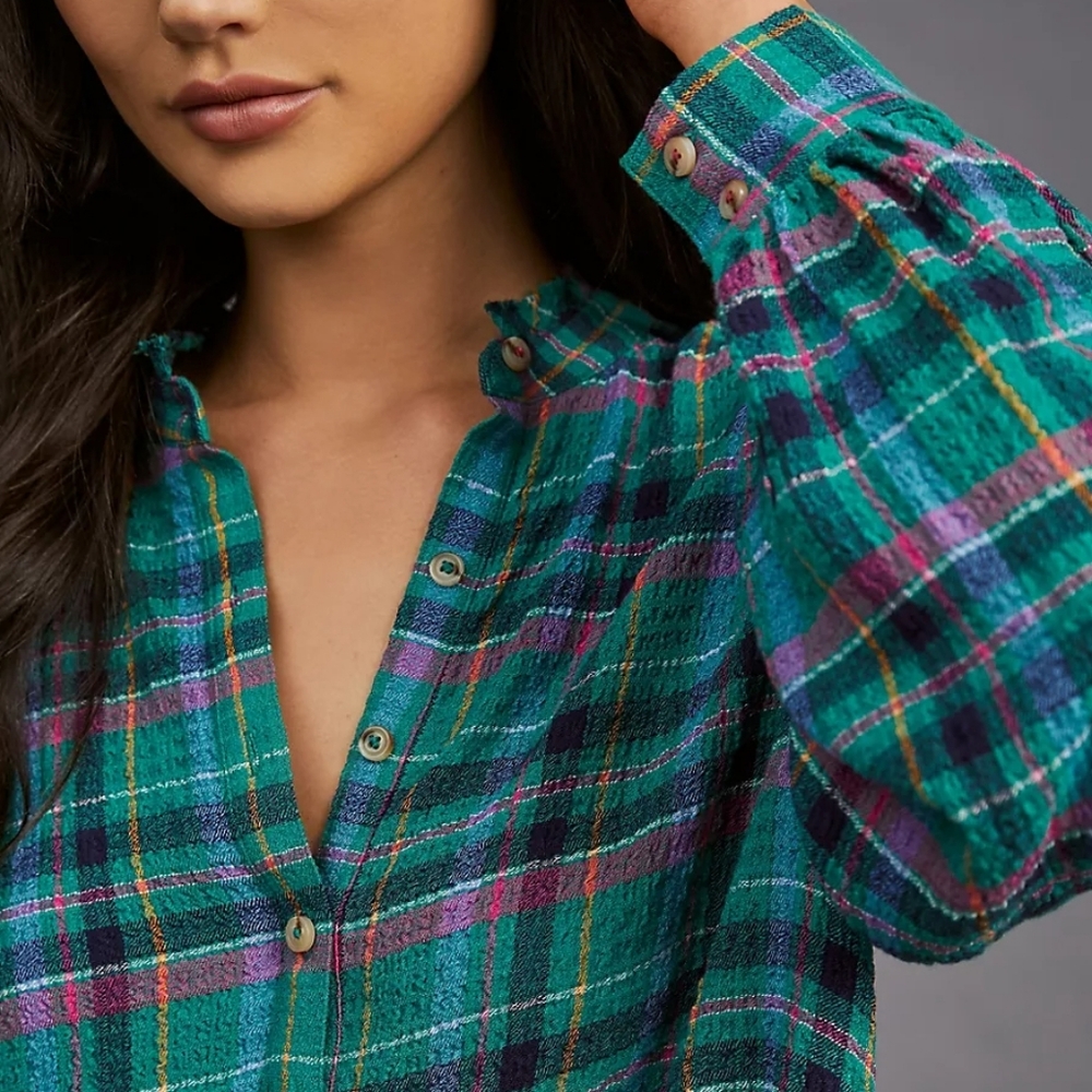 NWOT PILCRO × ANTHROPOLOGIE Plaid Seersucker Cropped Puff Sleeve Shirt Top S - Picture 10 of 10